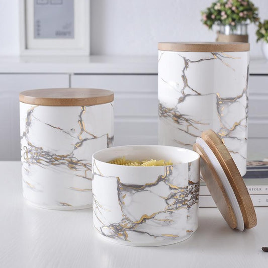 Marbled Ceramic Wooden Lid Jar