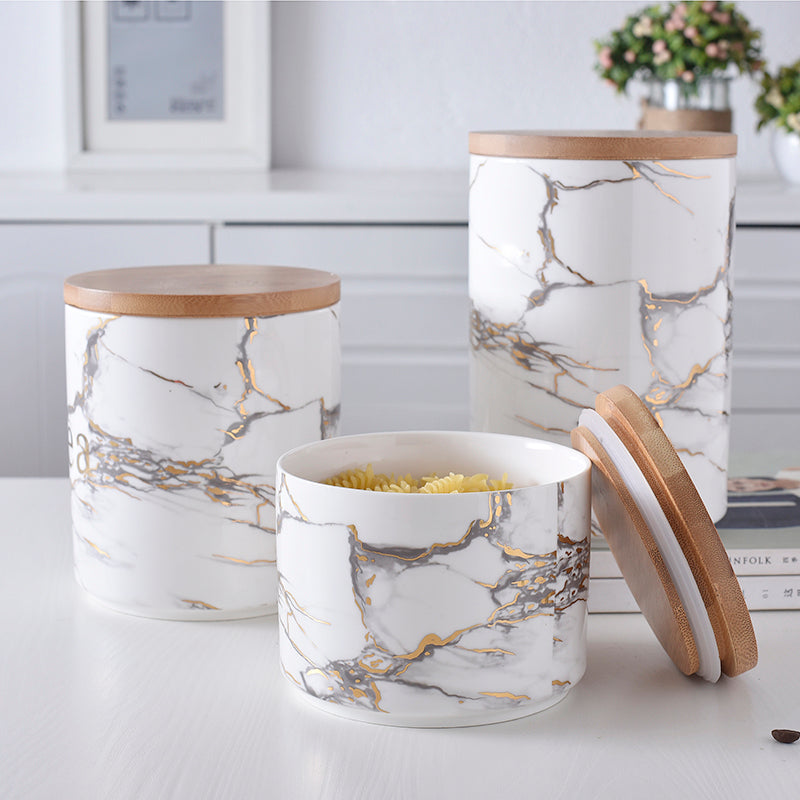 Marbled Ceramic Wooden Lid Jar