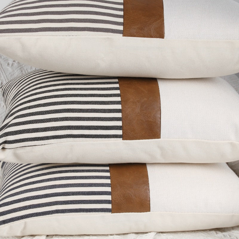 Leather Stitching Canvas Pillowcase